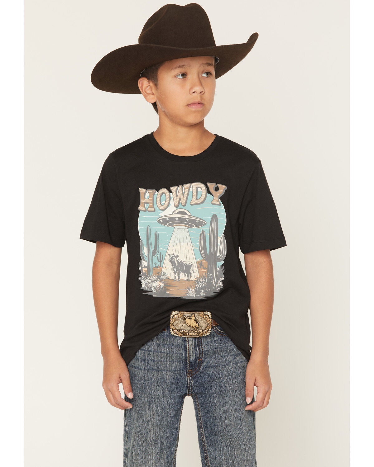 Sable Sky Boys' Howdy Space Cow Short Sleeve Graphic T-Shirt, Black, hi-res