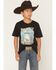 Image #1 - Sable Sky Boys' Howdy Space Cow Short Sleeve Graphic T-Shirt, Black, hi-res