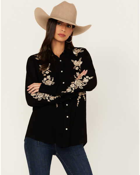Stetson Women's Retro Floral Embroidered Long Sleeve Snap Western Shirt , Black, hi-res