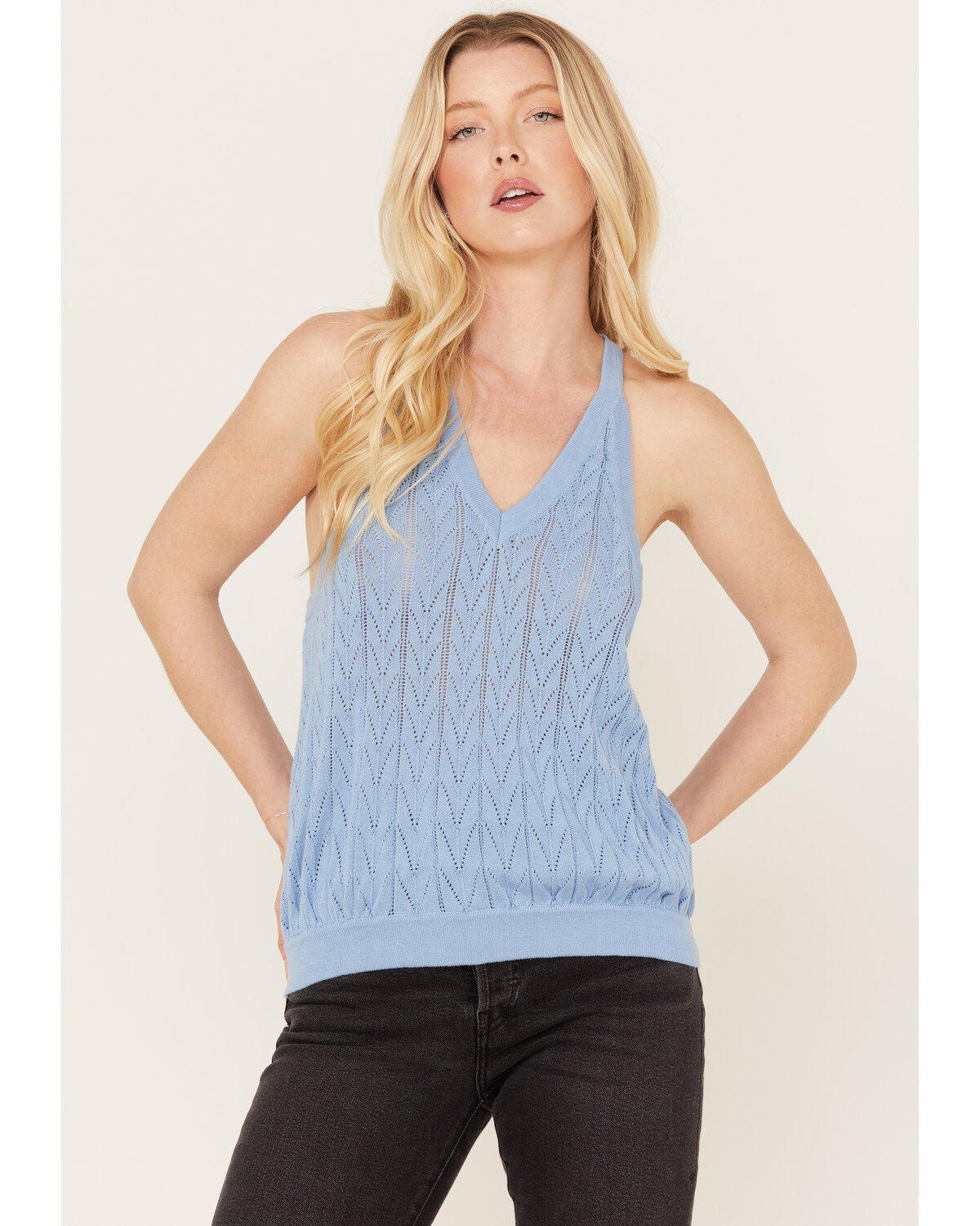 Cleo + Wolf Women's V-Neck Flared Sweater Tank, Medium Blue, hi-res