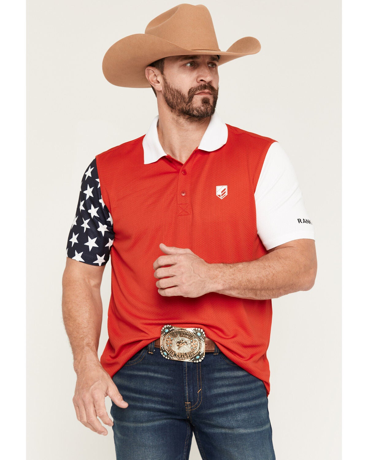 RANK 45&reg; Men's Americana Block Short Sleeve Button-Down Polo, Red, hi-res