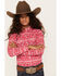Panhandle Girls' Striped Feather Print Long Sleeve Snap Western Shirt, Pink, hi-res