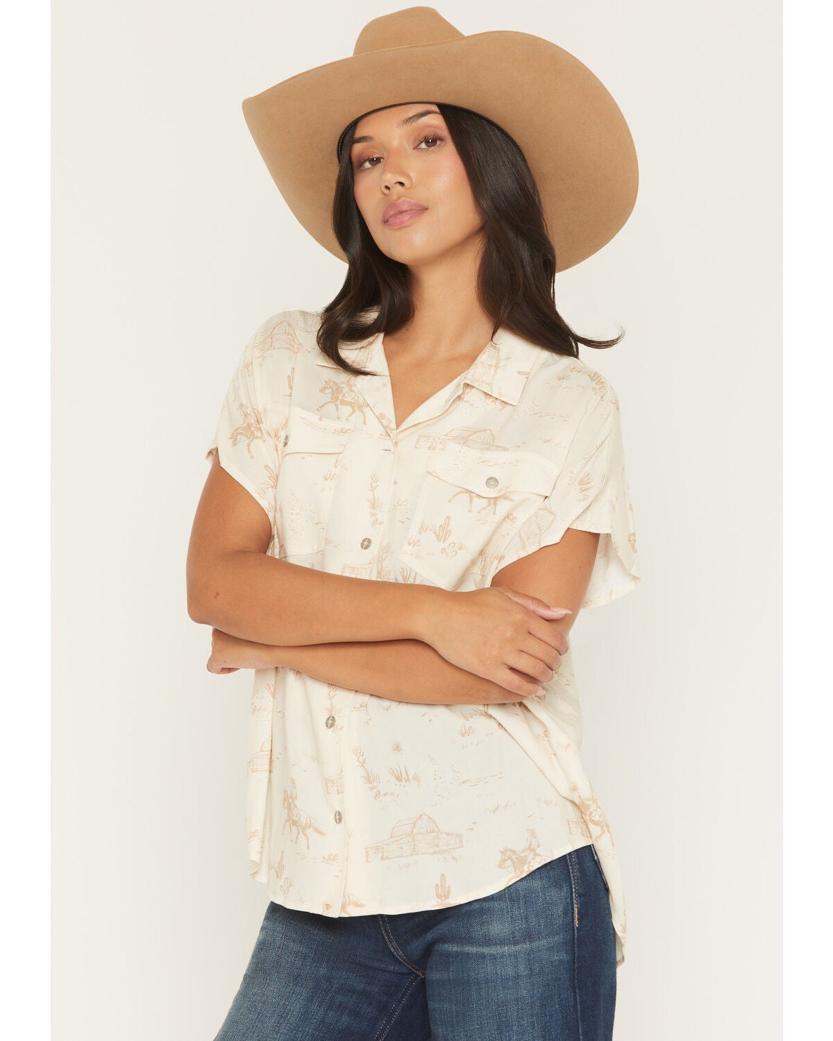 Ariat Women's Badlands Conversational Print Button-Down Short Sleeve Western Shirt, Cream, hi-res