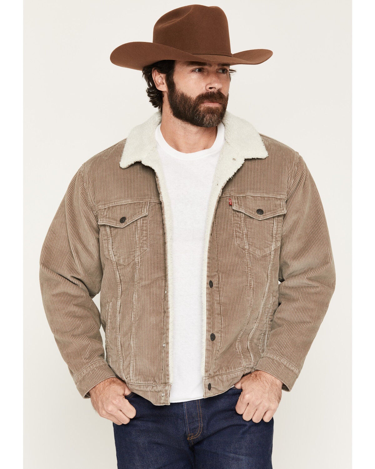 Levi's Men's Brindle Sherpa Lined Corduroy Trucker Jacket, Tan, hi-res