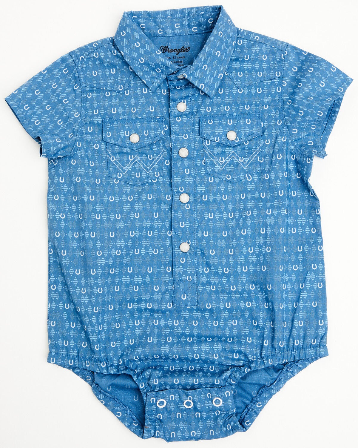 Wrangler Infant Boys' Boot Barn Exclusive Horseshoe Print Short Sleeve Snap Onesie, Blue, hi-res