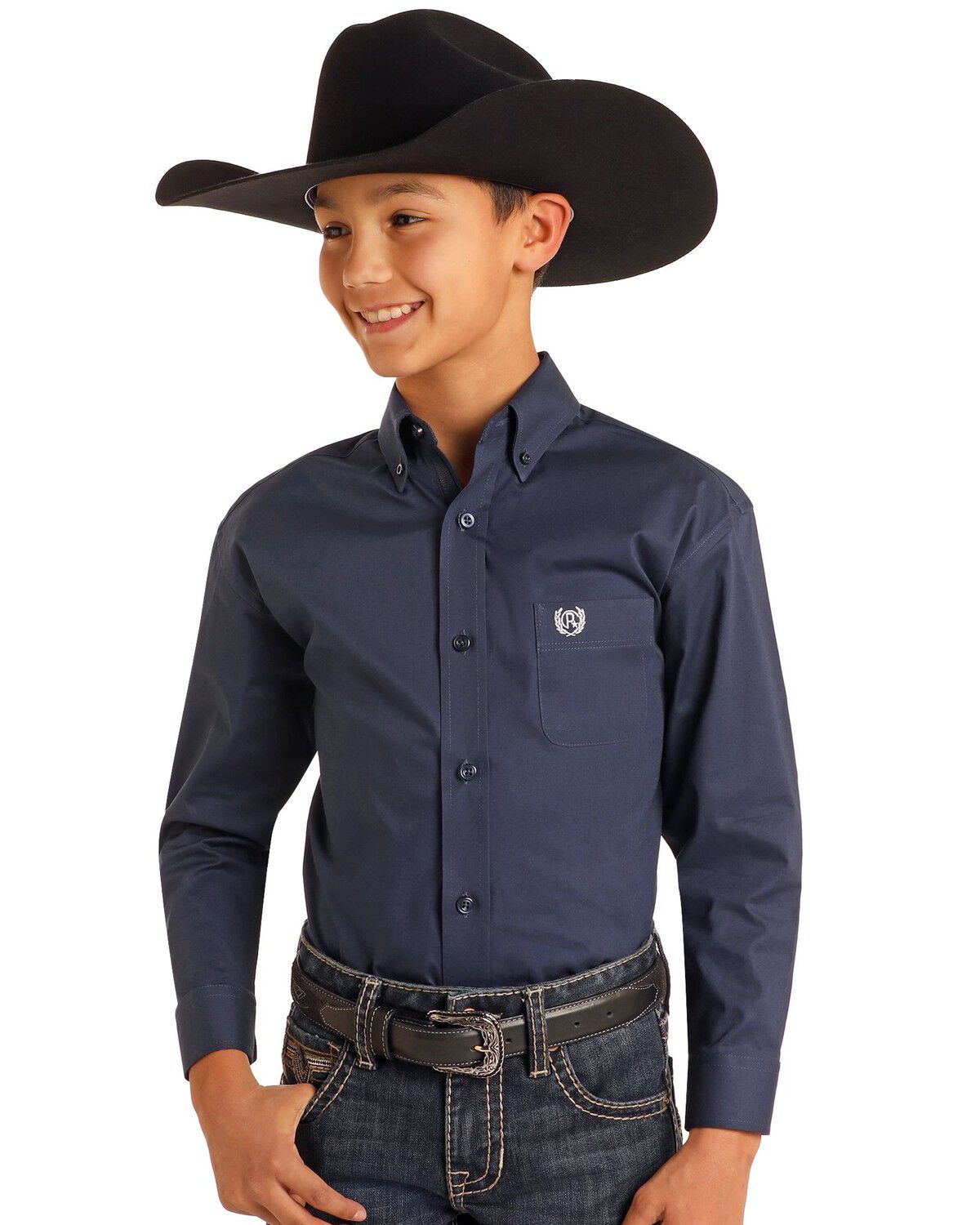 Panhandle Select Boys' Solid Long Sleeve Button-Down Stretch Western Shirt, Navy, hi-res