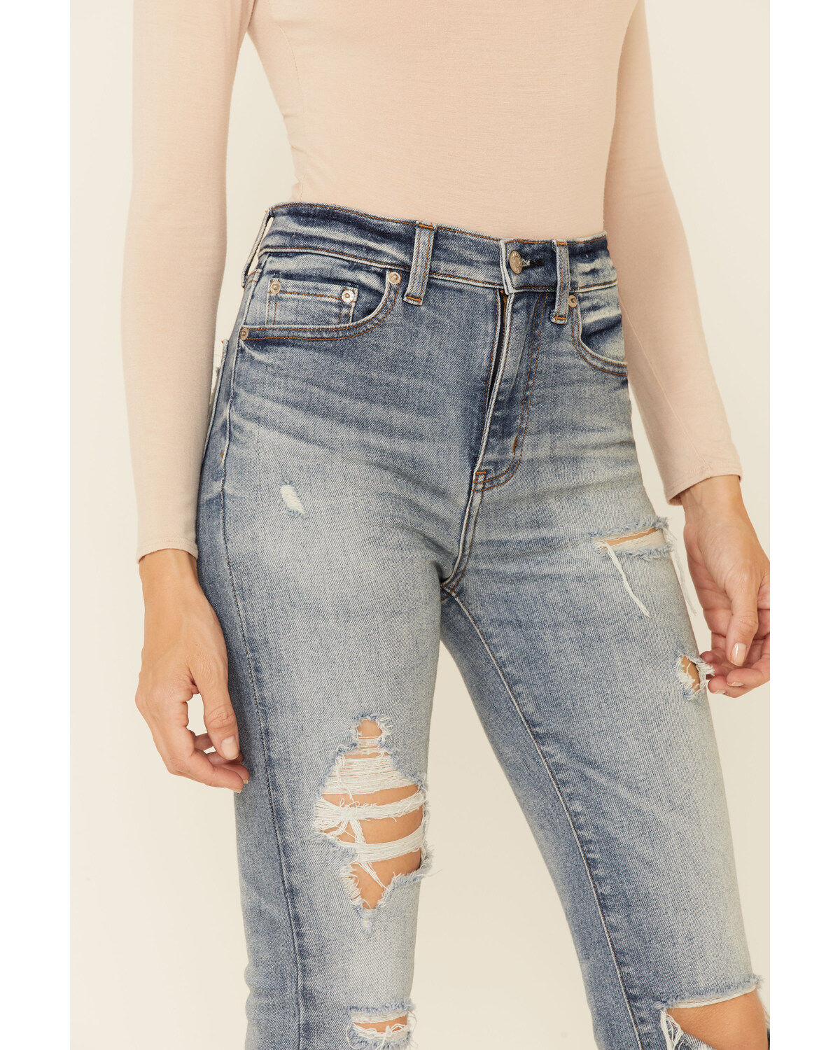 Image #3 - Daze Denim Women's Light Wash Distressed High Rise Straight Jeans, Light Blue, hi-res