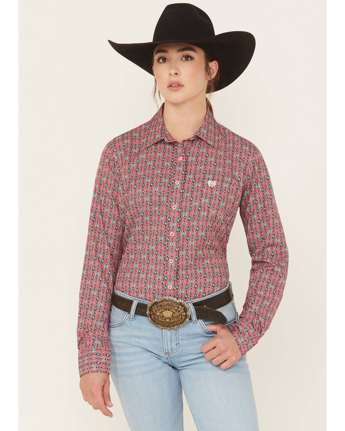 Cinch Women's Geo Print Long Sleeve Button-Down Western Shirt, Pink, hi-res