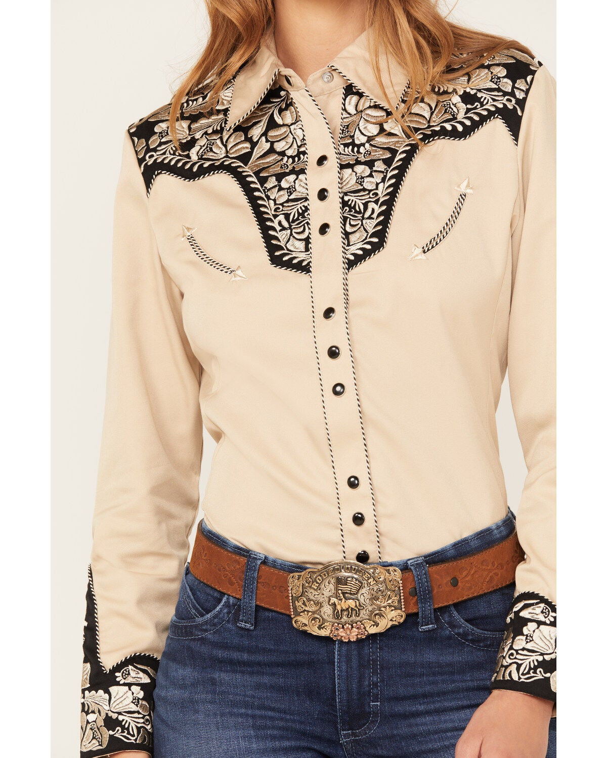 Image #3 - Scully Women's Floral Tooled Embroidered Long Sleeve Western Shirt, Black/tan, hi-res