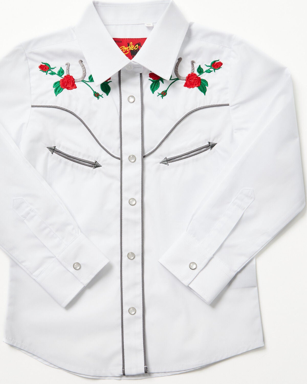 Rodeo Clothing Girls' Rose Horseshoe Embroidered Long Sleeve Pearl Snap Western Shirt, White, hi-res