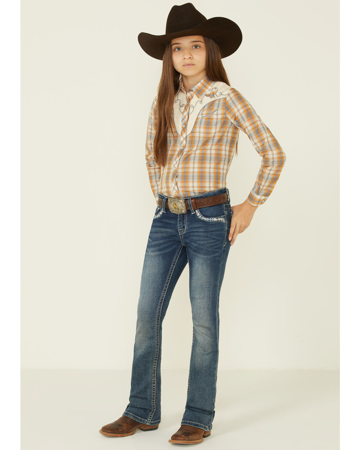 Image #2 - Roper Girls' Plaid Print Fancy Applique Yoke Long Sleeve Pearl Snap Western Shirt, Mustard, hi-res