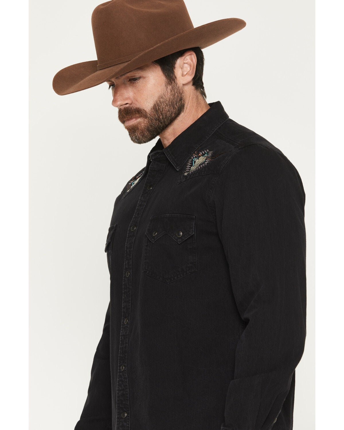 Image #2 - Rock & Roll Denim Men's Longhorn Embroidered Long Sleeve Snap Denim Shirt, Black, hi-res