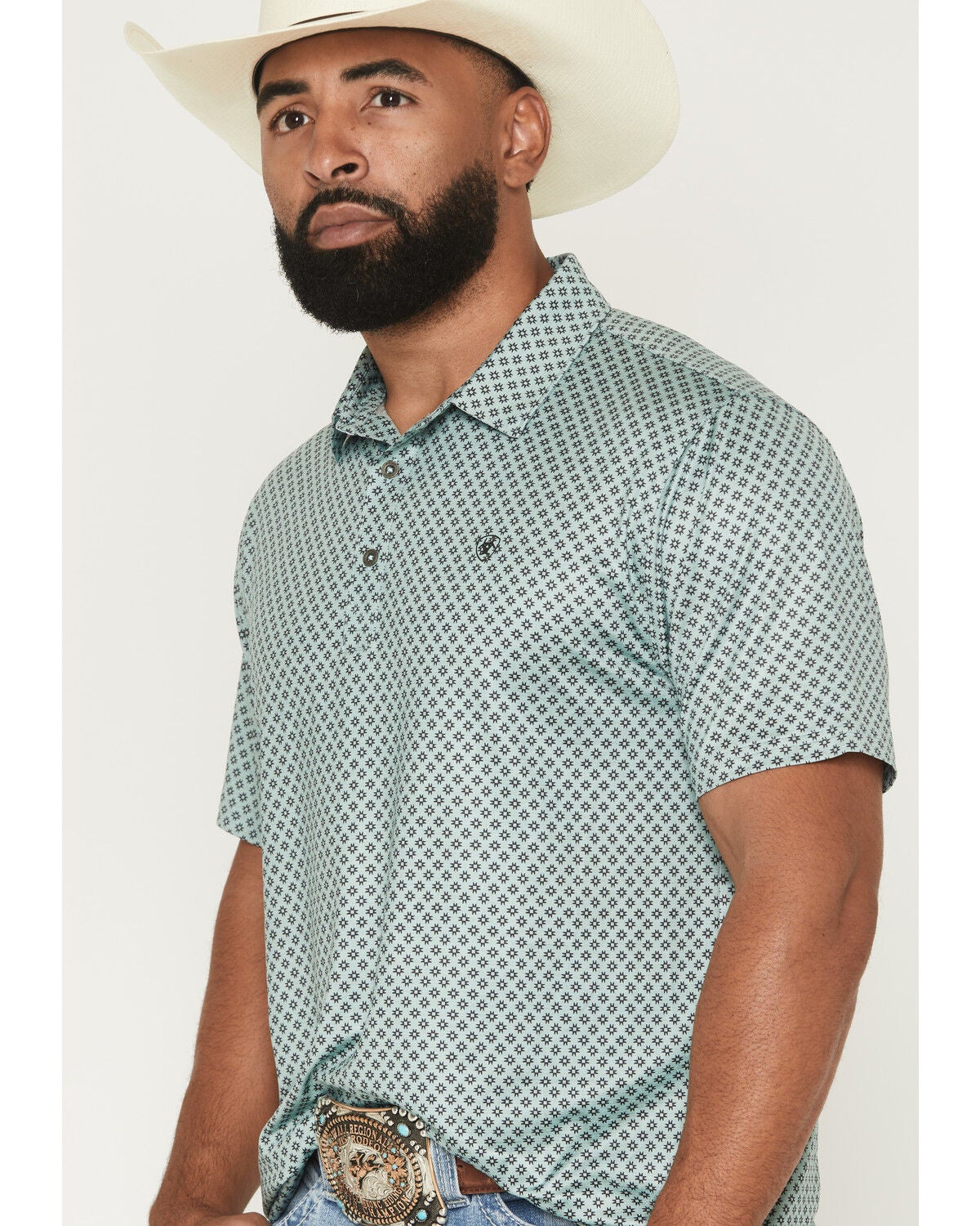 Image #2 - Ariat Men's Fitted Micro Geo Print Short Sleeve Polo, Green, hi-res