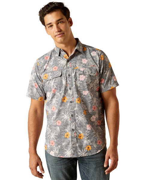 Image #1 - Ariat Men's VentTek Floral Short Sleeve Button-Down Performance Western Shirt , Grey, hi-res