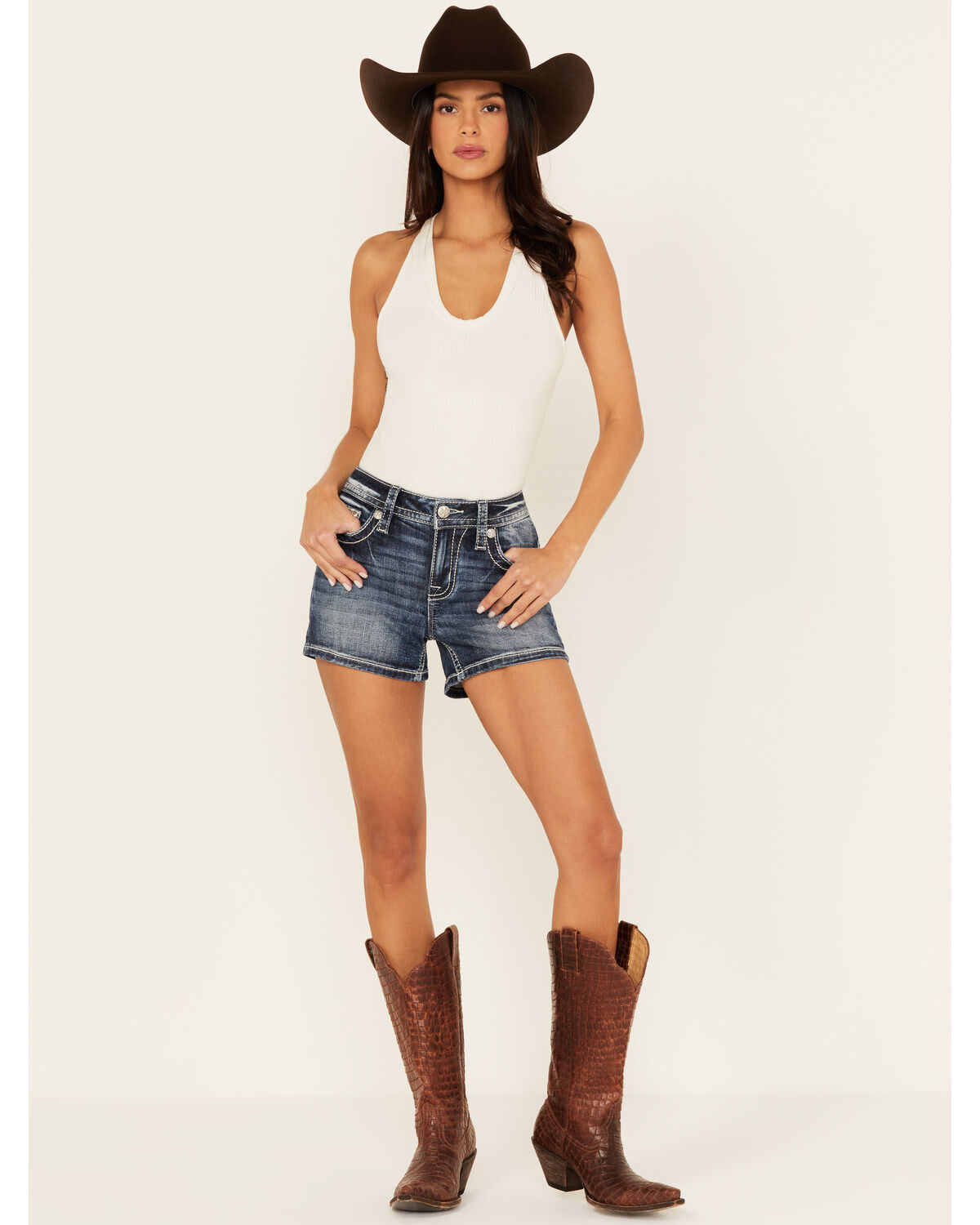 Image #3 - Miss Me Women's Dark Wash Mid Rise Floral Wing Stretch Denim Shorts, Dark Wash, hi-res