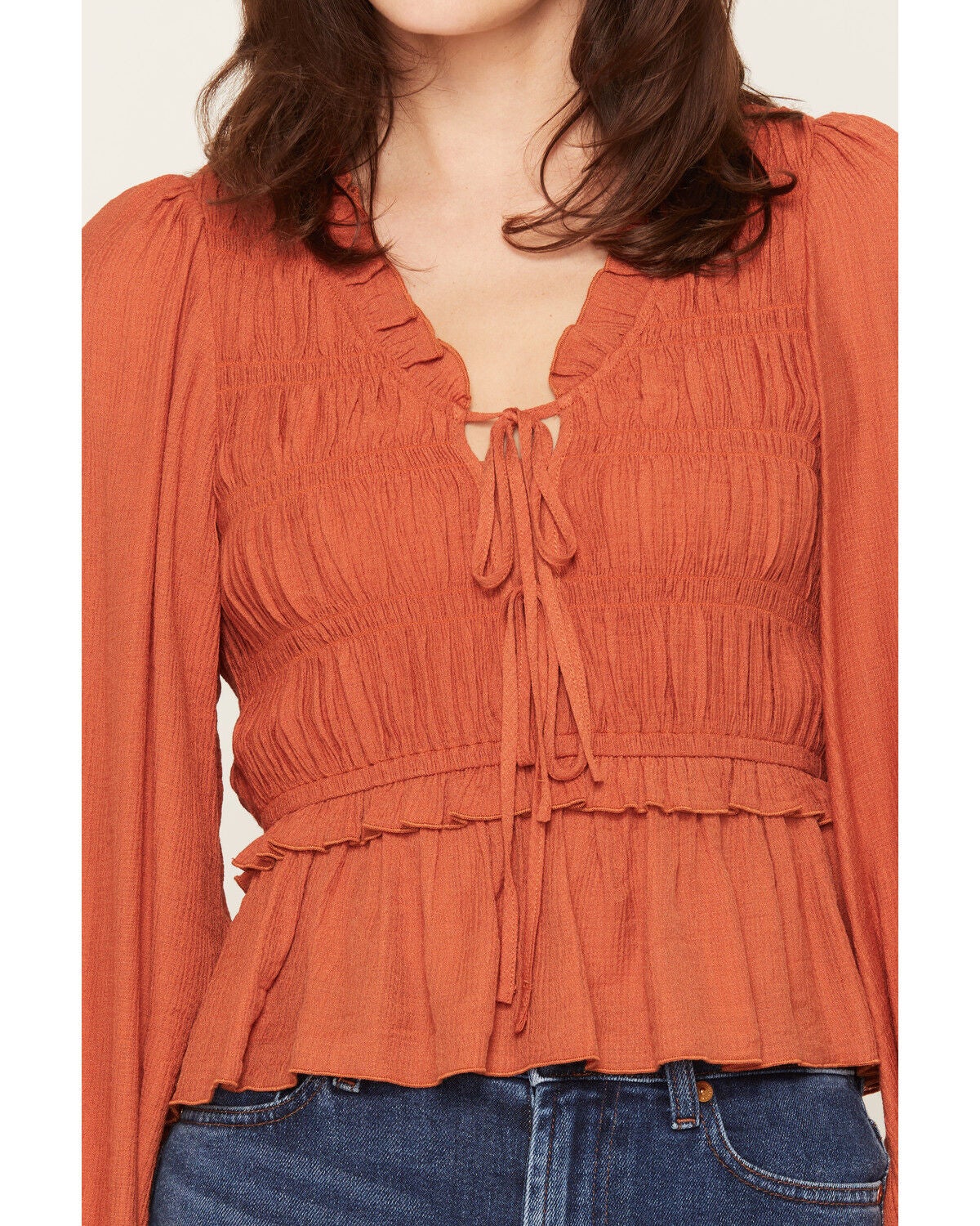 Image #3 - Yura Women's Solid Smocked Long Sleeve Tie-Front Shirt, Rust Copper, hi-res