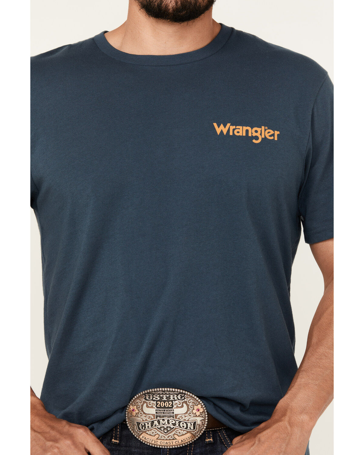Image #4 - Wrangler Men's Boot Barn Exclusive Steer Head Logo Short Sleeve Graphic T-Shirt, Navy, hi-res