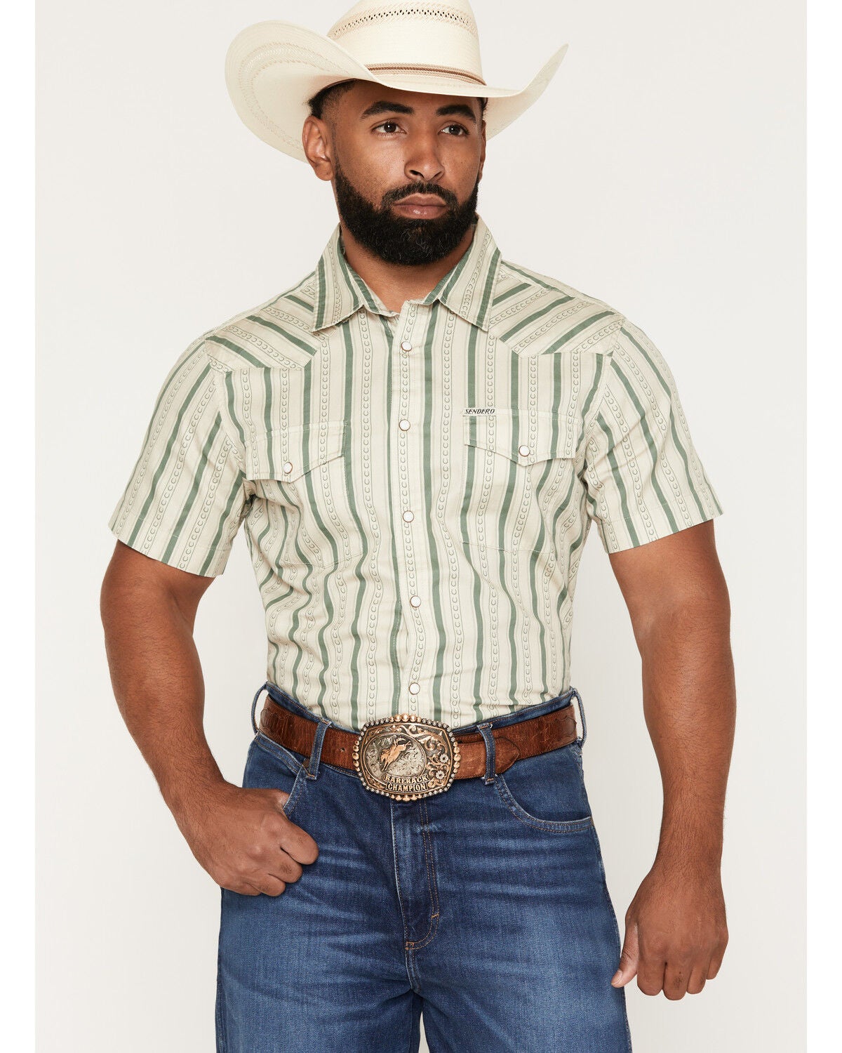 Image #1 - Sendero Provisions Men's Wyatt Horseshoe Stripe Print Short Sleeve Snap Western Shirt, Oatmeal, hi-res