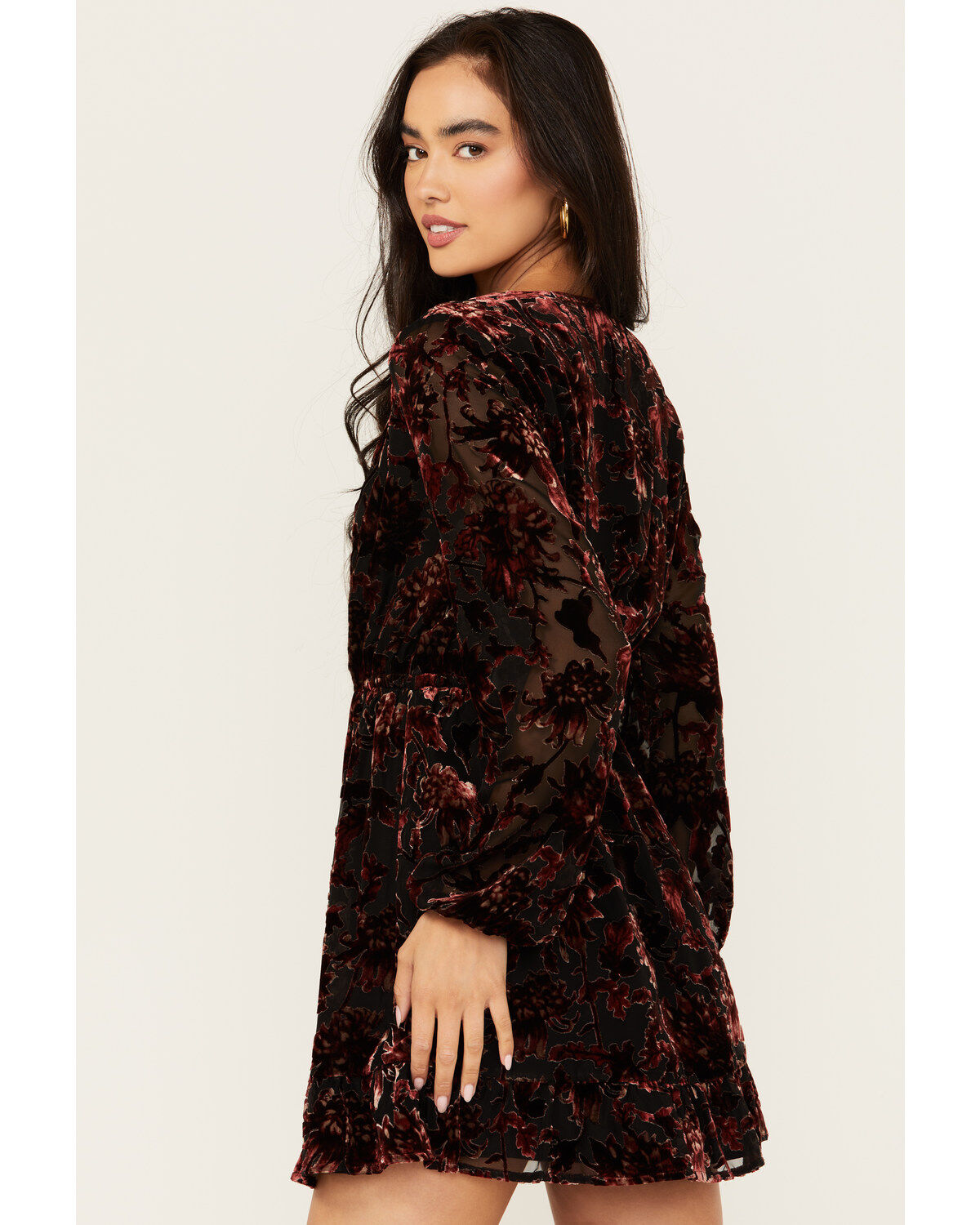 Image #4 - Shyanne Women's Burnout Velvet Peasant Mini Dress, Black, hi-res