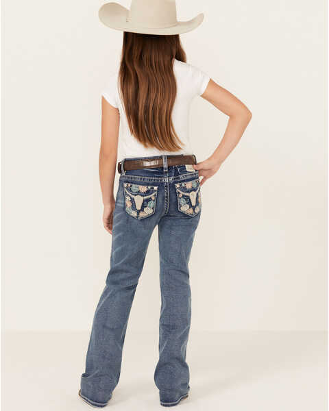 Image #3 - Miss Me Girls' Medium Wash Steer Head Pocket Bootcut Stretch Denim Jeans , Blue, hi-res