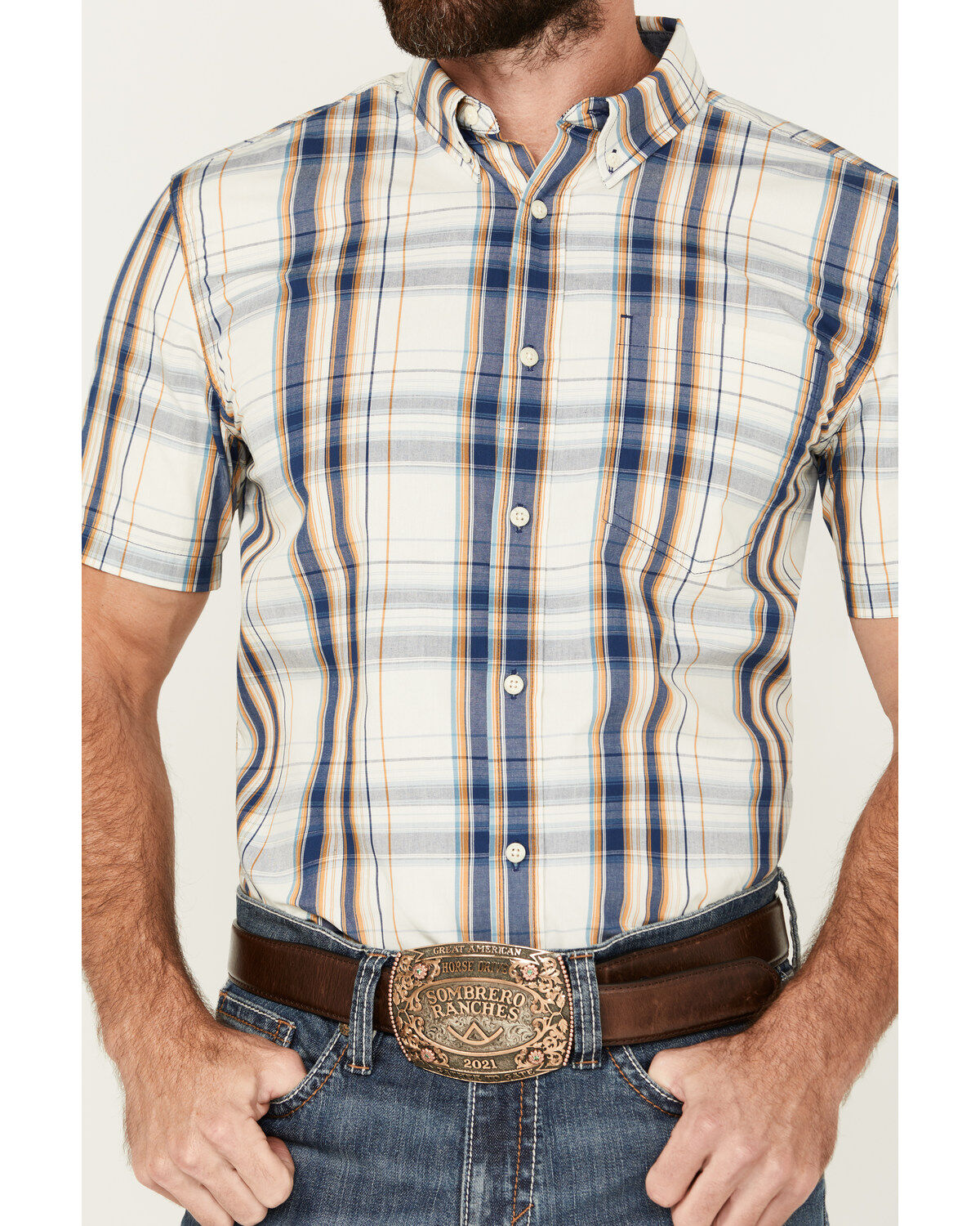 Image #3 - Cody James Men's Plaid Print Short Sleeve Button-Down Stretch Western Shirt, Ivory, hi-res