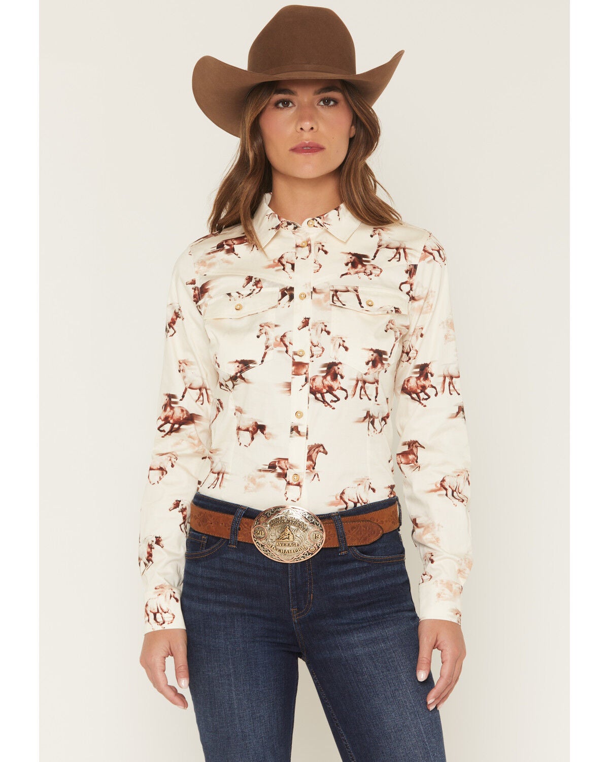 Shyanne Women's Horse Print Long Sleeve Button-Down Stretch Western Shirt, Cream, hi-res