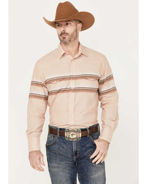 Roper Men's Border Striped Long Sleeve Western Pearl Snap Shirt, Tan, hi-res