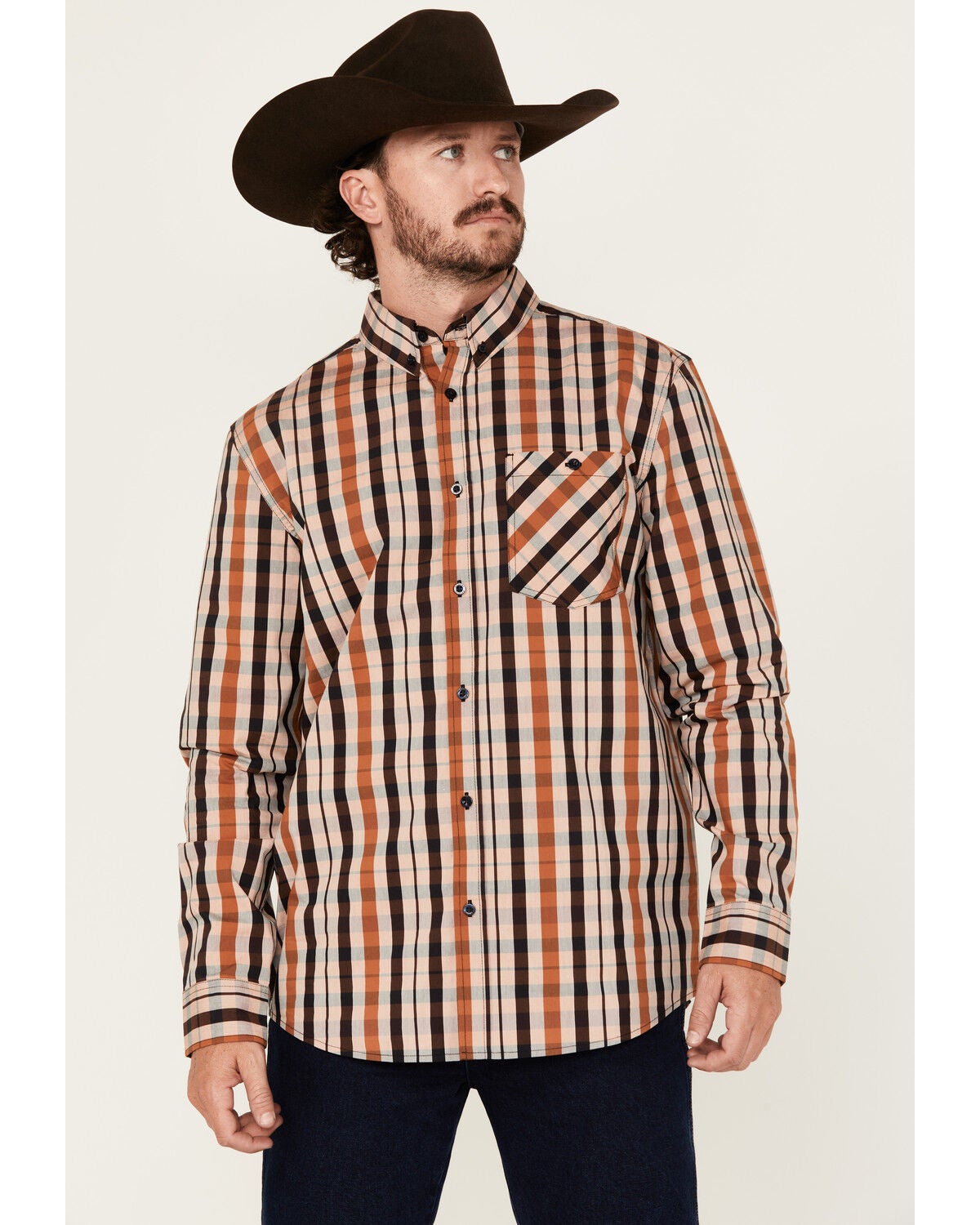 RANK 45&reg; Men's Dakota Plaid Print Long Sleeve Button-Down Performance Western Shirt, Brown, hi-res