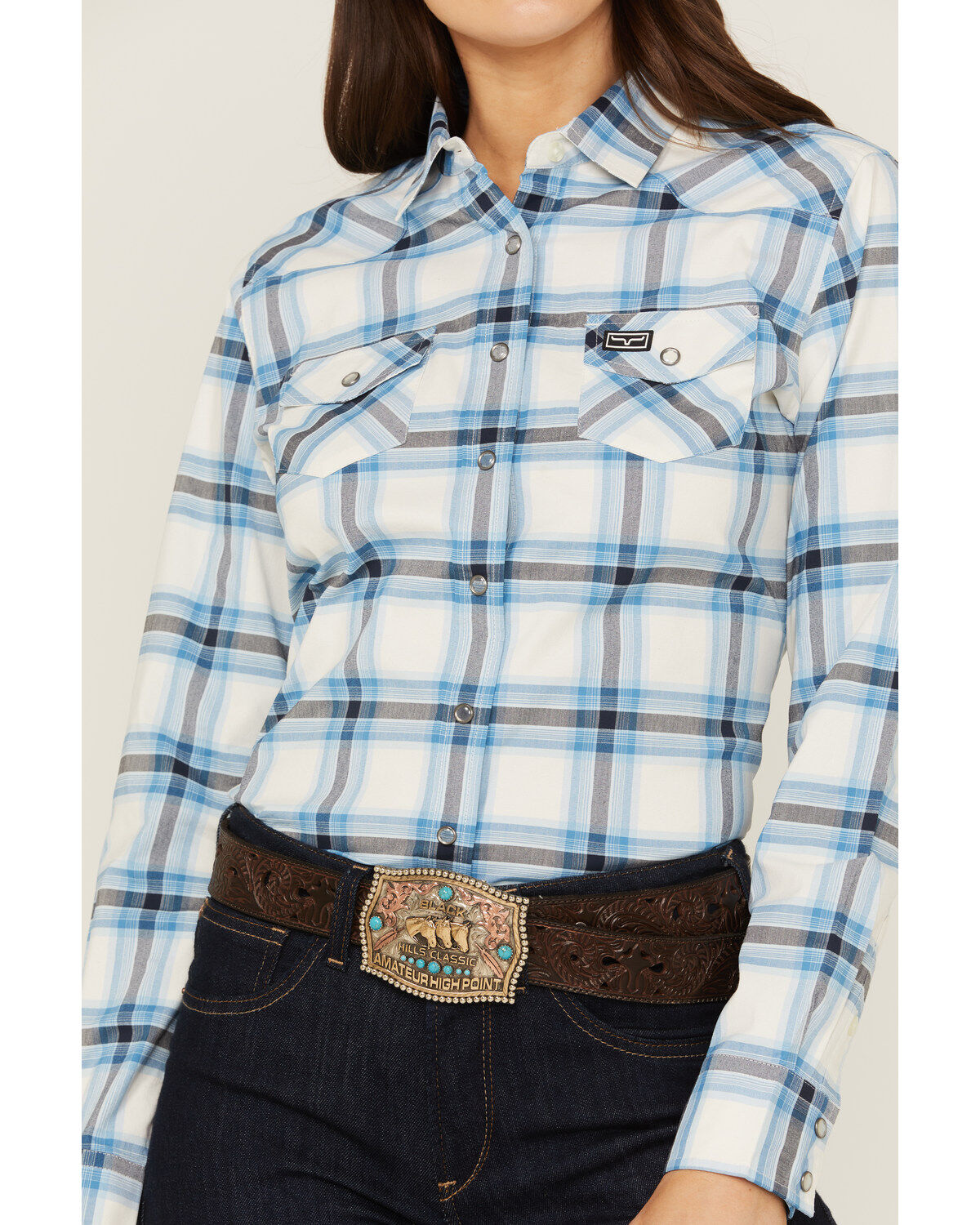 Image #4 - Kimes Ranch Women's Matadora Plaid Print Long Sleeve Western Snap Shirt, Blue, hi-res
