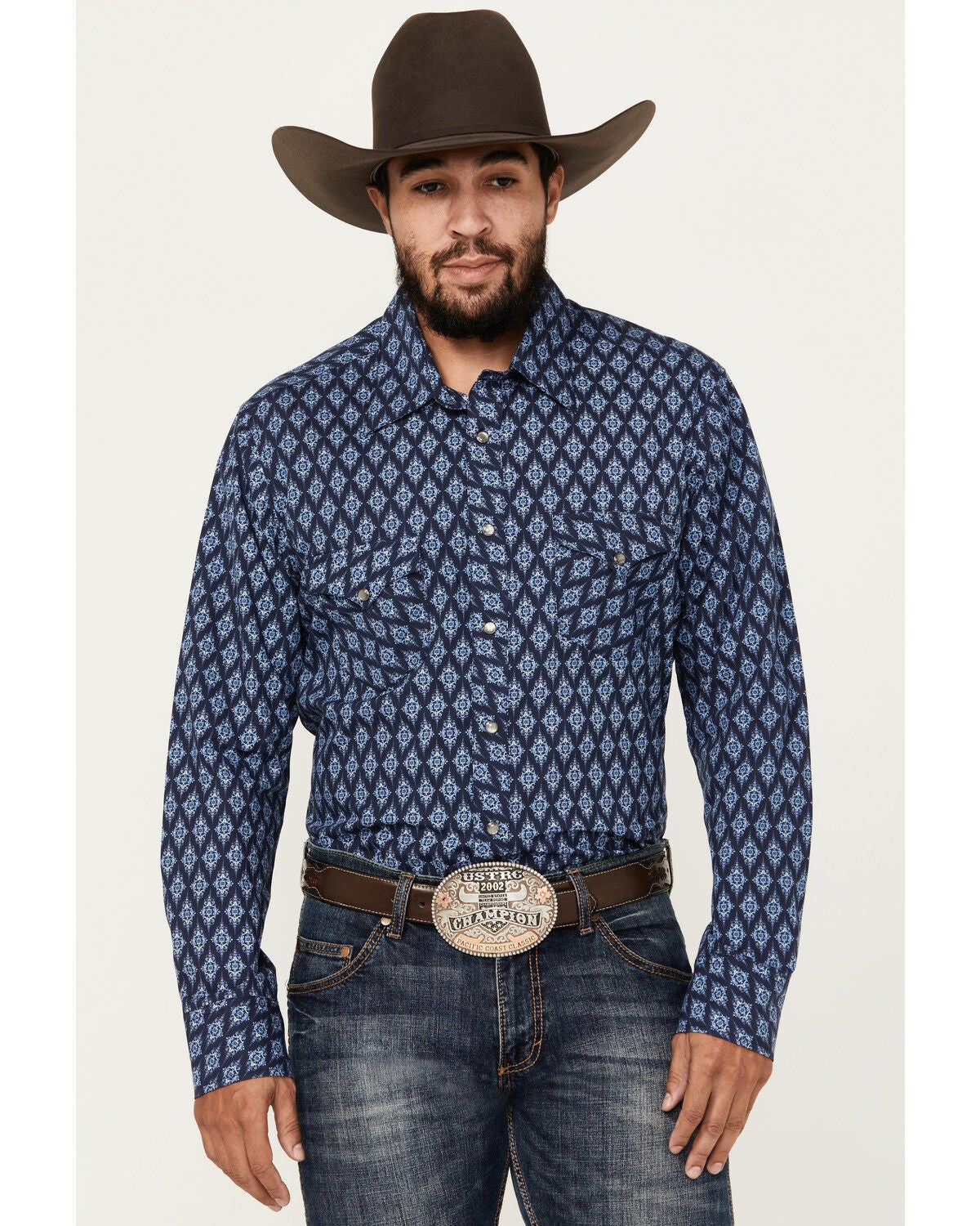 Rock & Roll Denim Men's Medallion Print Vintage Long Sleeve Snap Western Shirt, Blue, hi-res