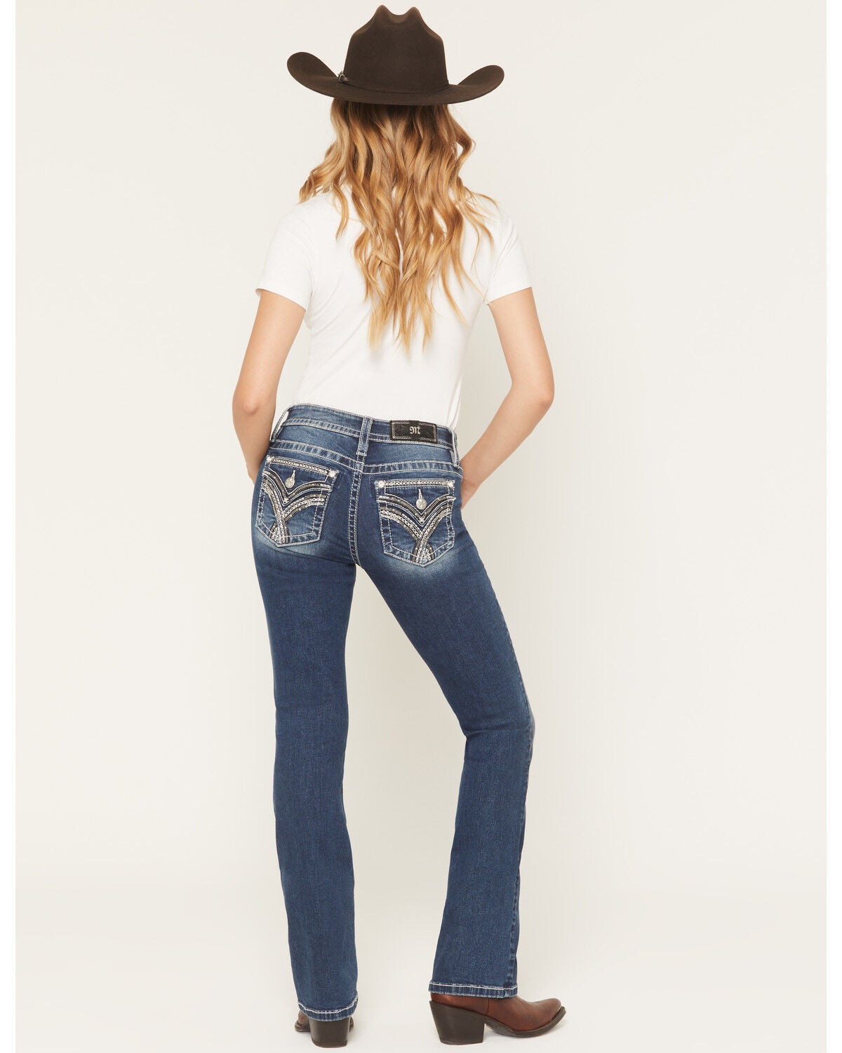 Miss Me Women's Dark Wash Mid Rise Embroidered Pocket 34" Bootcut Stretch Denim Jeans, Dark Wash, hi-res