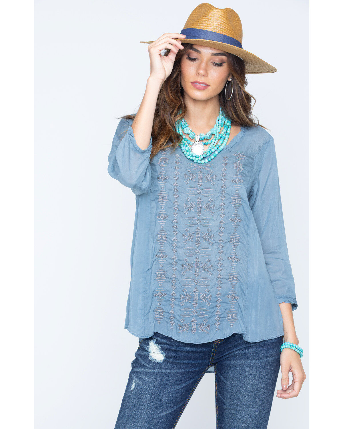 Image #6 - Ryan Michael Women's Embroidered Cupra Rayon Top, Navy, hi-res
