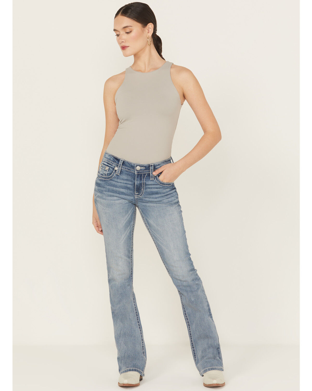 Miss Me Women's Medium Wash Mid Rise 32" Bootcut Stretch Denim Jeans