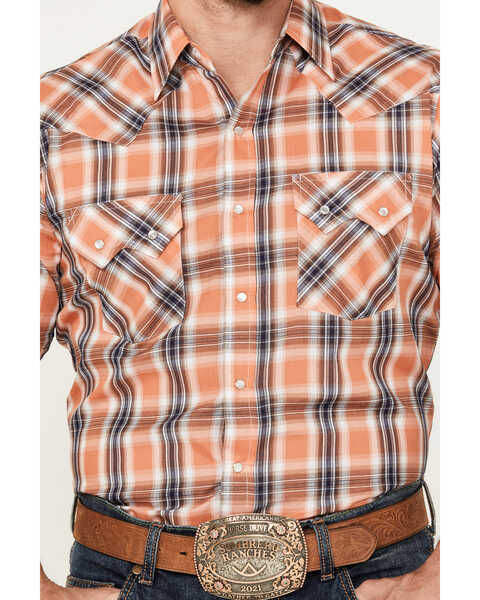 Image #3 - Ely Walker Men's Plaid Print Short Sleeve Pearl Snap Western Shirt , Orange, hi-res