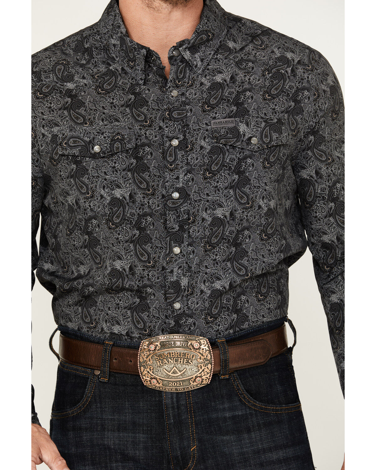 Image #3 - Panhandle Men's Paisley Print Long Sleeve Snap Performance Western Shirt, Charcoal, hi-res