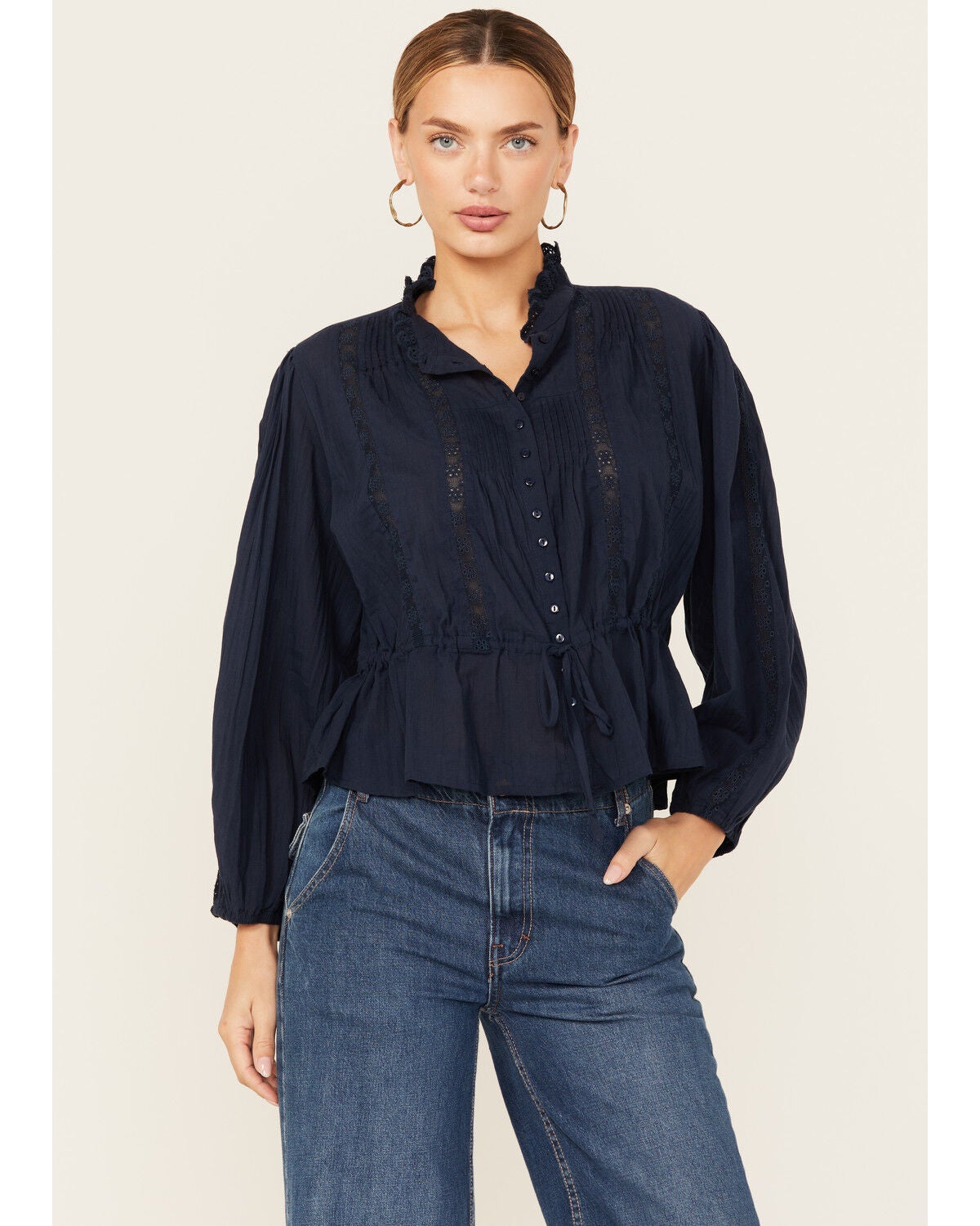 Free People Women's Best Of Me Long Sleeve Button-Down Blouse, Navy, hi-res