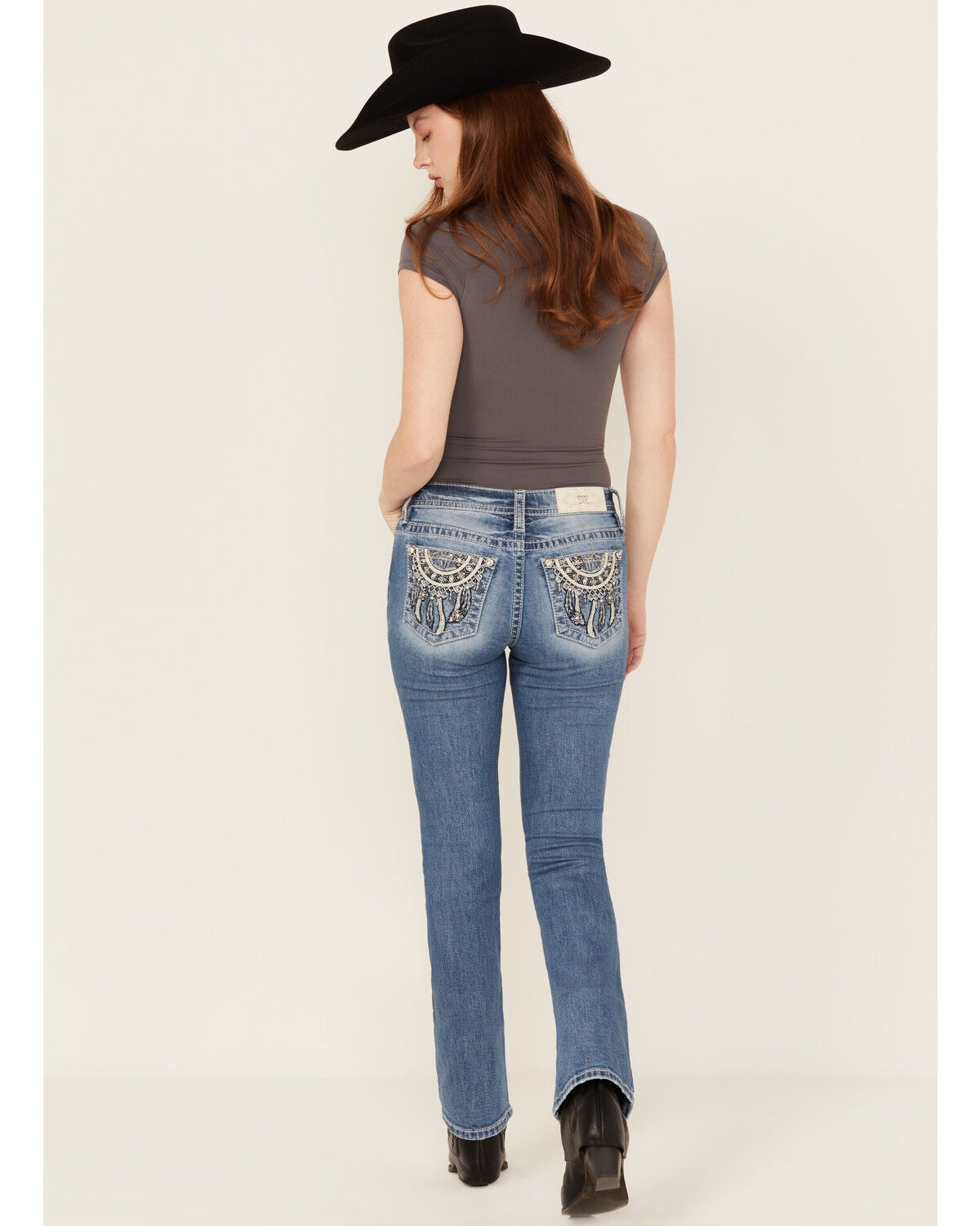 Miss Me Women's Medium Wash Dream Catcher Embroidered Mid Rise 32" Bootcut Stretch Denim Jeans, Medium Wash, hi-res
