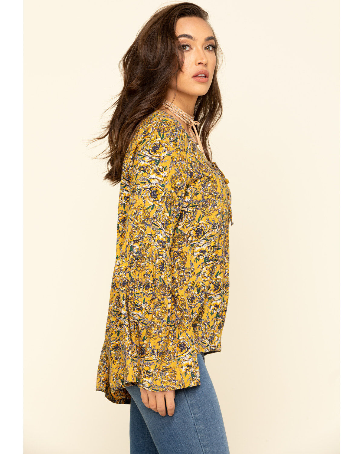 Image #3 - Rock & Roll Denim Women's Yellow Floral Bell Sleeve Top, Mustard, hi-res