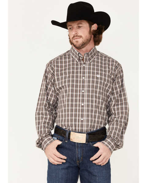 Cinch Men's Plaid Print Long Sleeve Button Down Western Shirt , Brown, hi-res