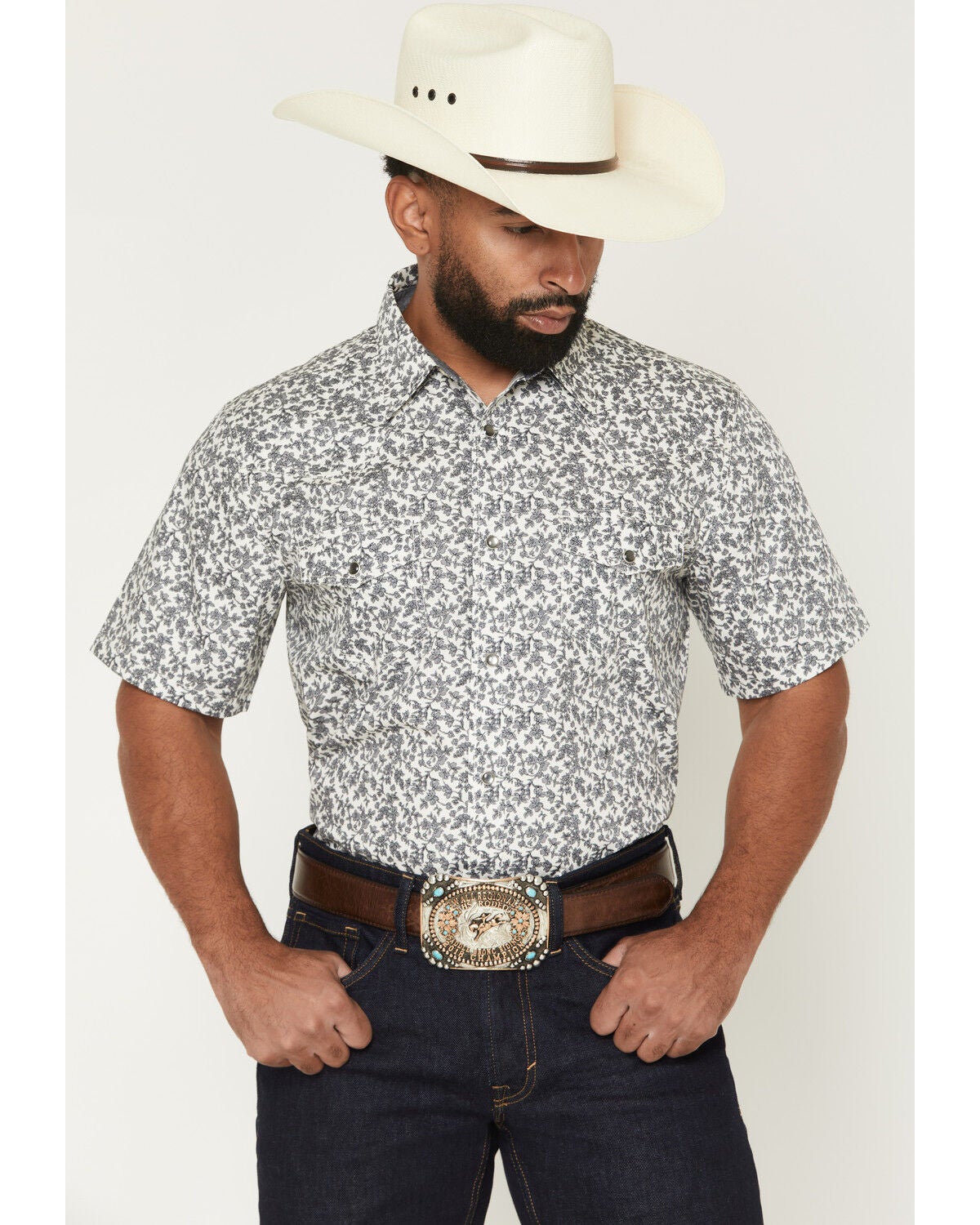 Cody James Men's Flynn Floral Print Short Sleeve Snap Western Shirt, White, hi-res