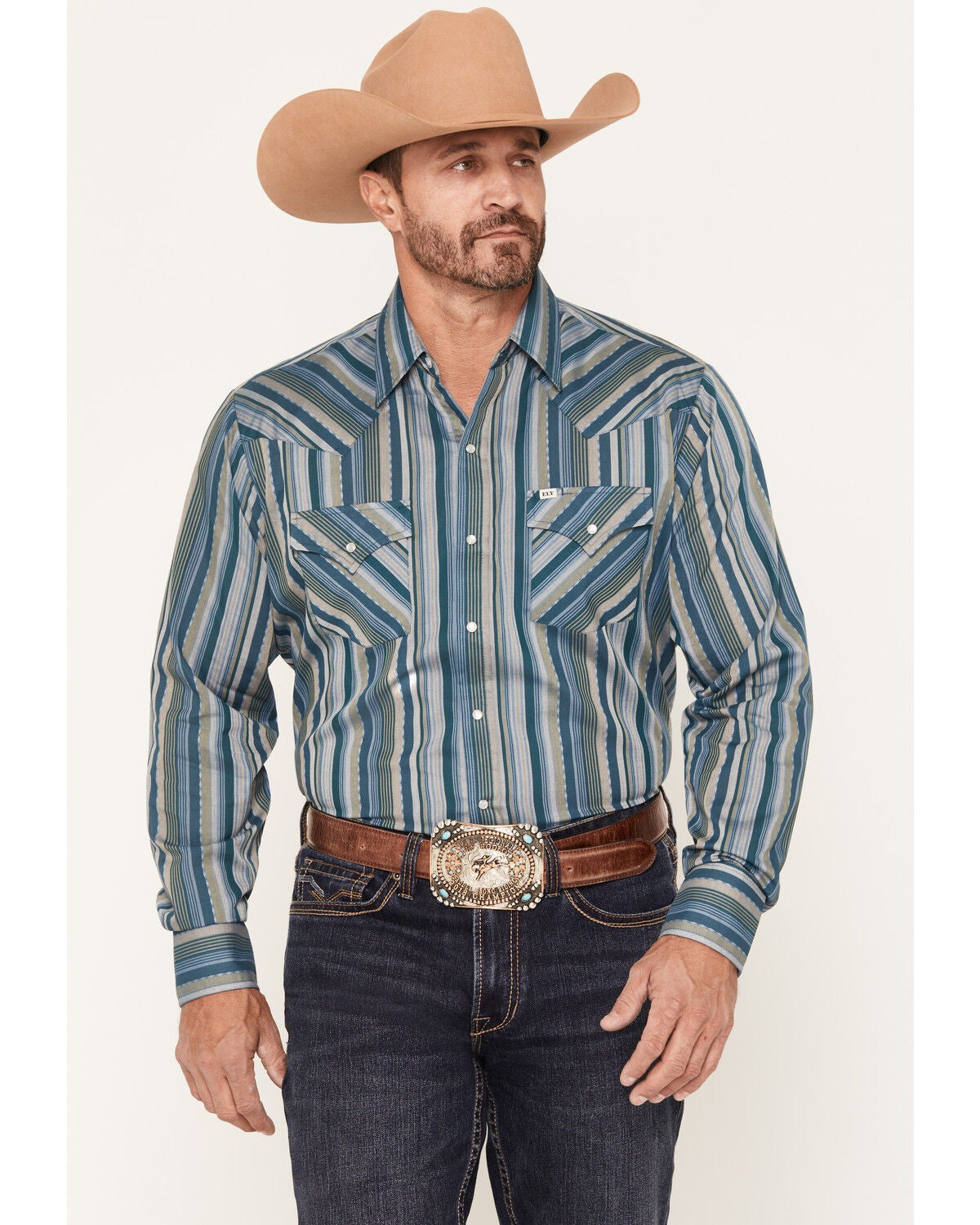 Image #1 - Ely Walker Men's Striped Long Sleeve Pearl Snap Western Shirt, Dark Teal, hi-res