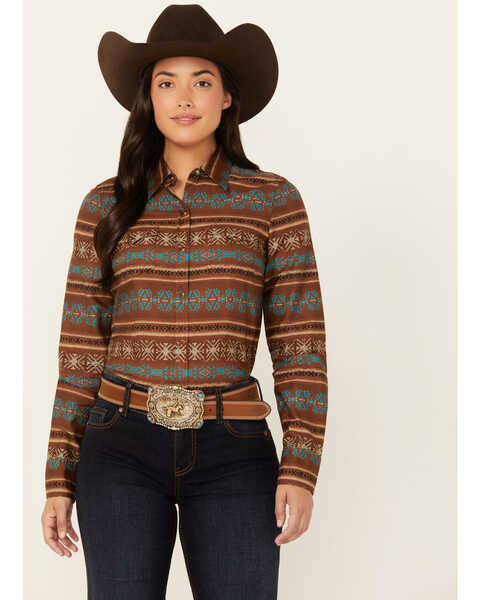 Roper Women's Southwestern Print Long Sleeve Snap Western Shirt , Brown, hi-res