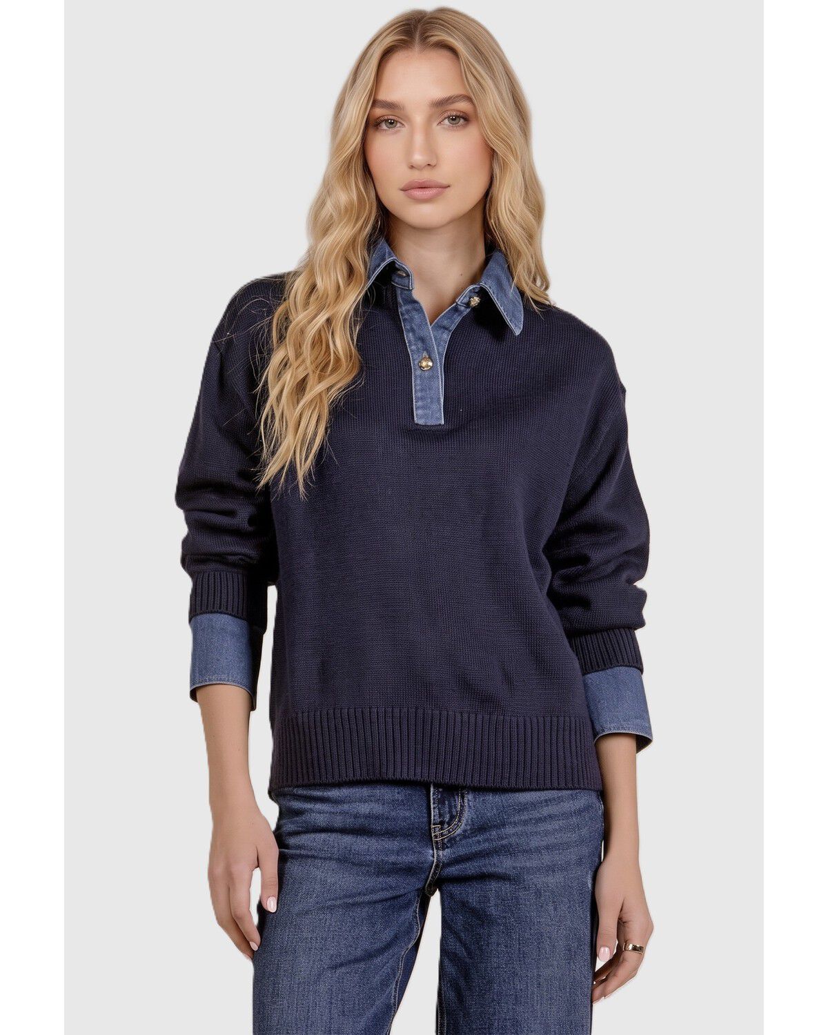 Image #1 - Revel Women's Denim Collar Sweater, Navy, hi-res