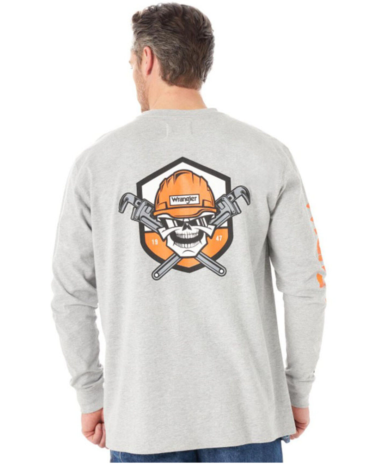 Image #2 - Wrangler FR Men's Wrench Skull Graphic Long Sleeve Work T-Shirt - Big, Heather Grey, hi-res