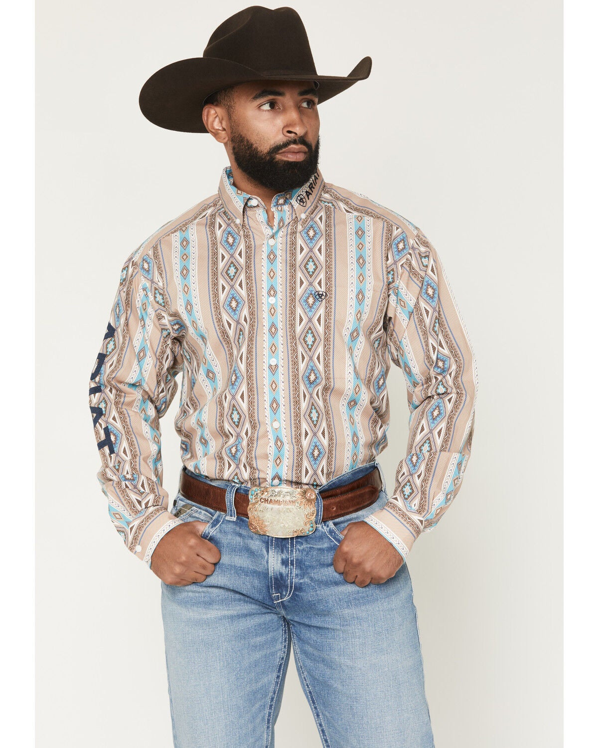 Ariat Men's Team Westlee Southwestern Striped Long Sleeve Western Shirt, Khaki, hi-res