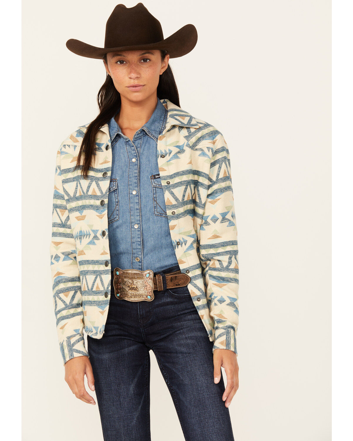 Image #1 - Outback Trading Co Women's Hazel Southwestern Print Long Sleeve Snap Western Shirt, Tan, hi-res