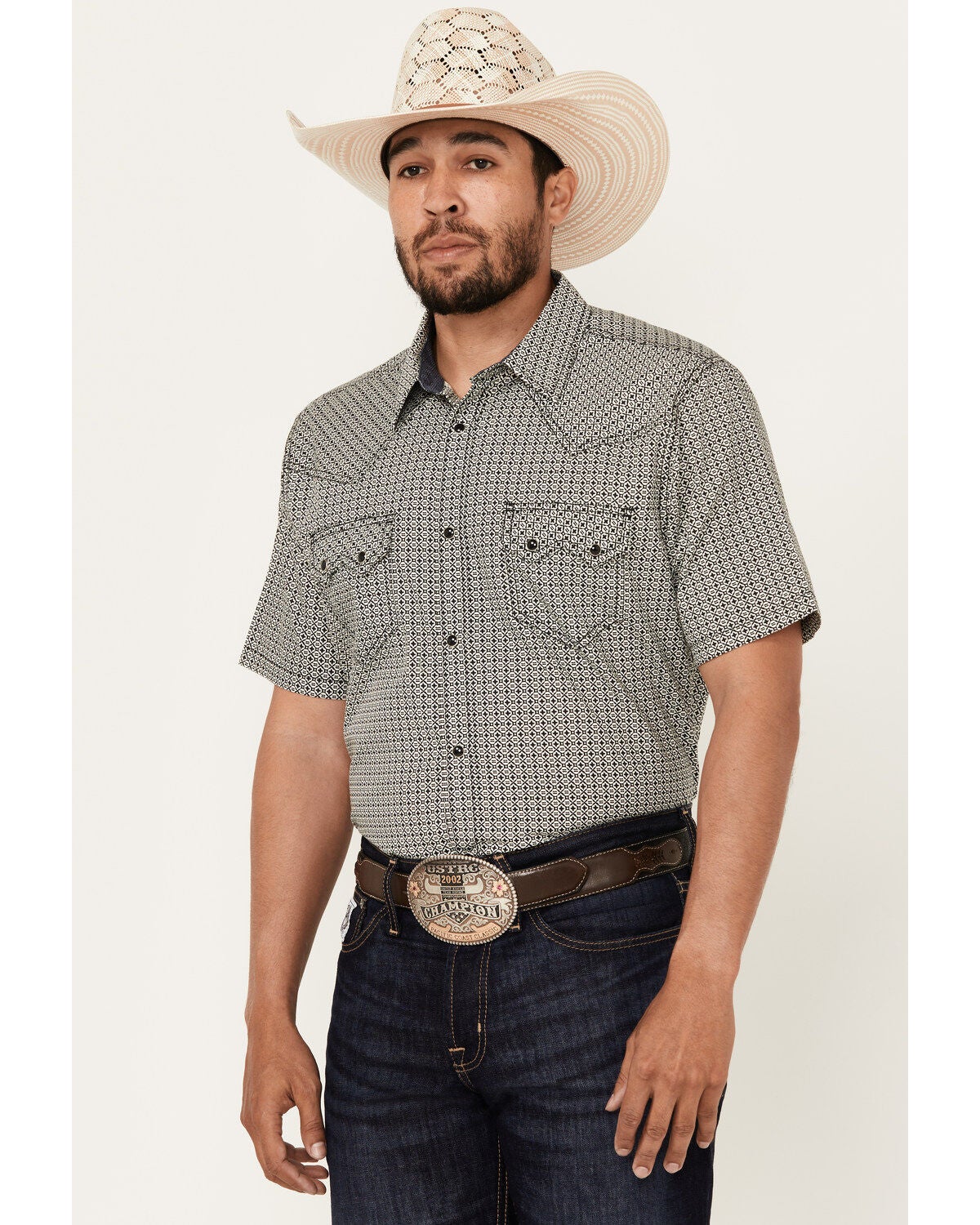 Cody James Men's Pool Party Geo Print Short Sleeve Snap Western Shirt, Navy, hi-res