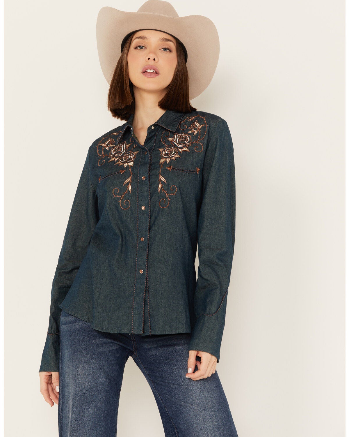 Scully Women's Rose Embroidered Denim Long Sleeve Pearl Snap Western Shirt, Blue, hi-res
