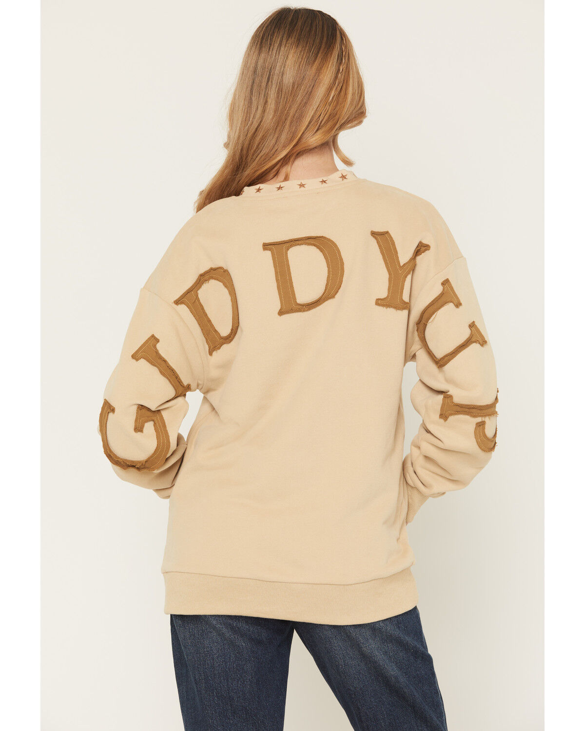 Image #1 - Blue B Women's Embroidered Giddy Up Patch Crewneck Sweatshirt, Tan, hi-res