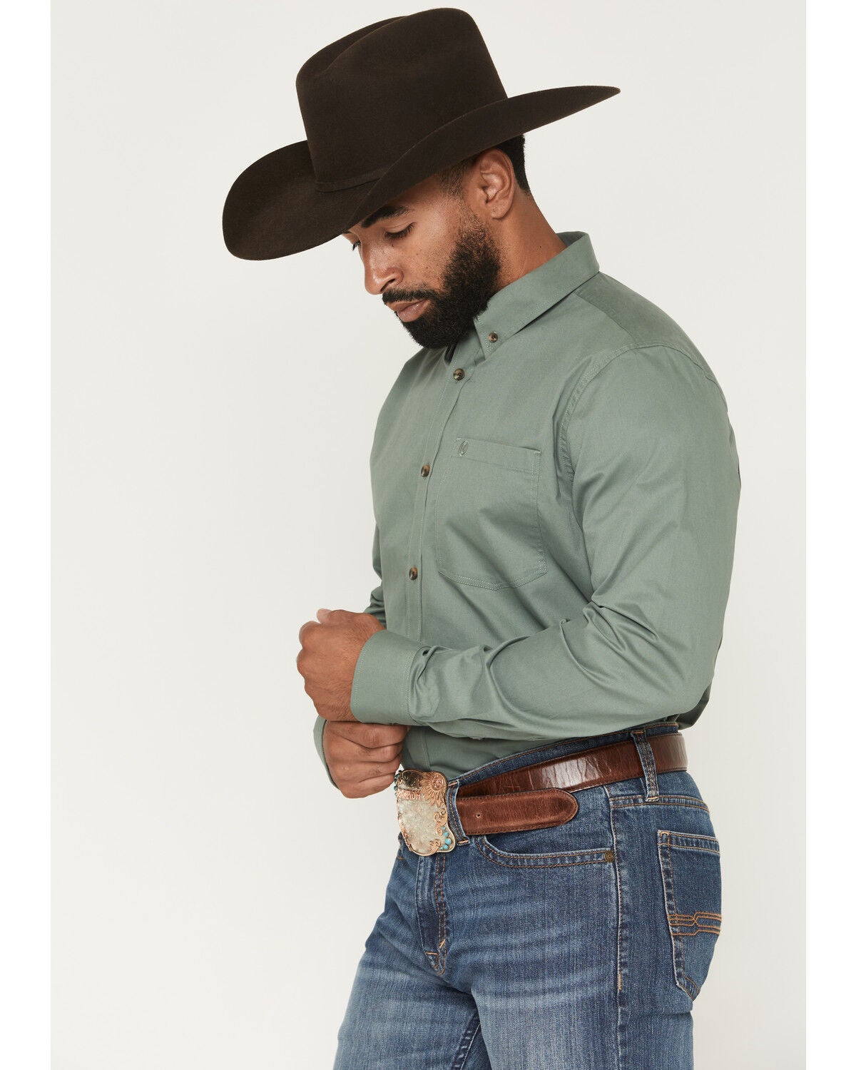 Image #2 - Cody James Men's Basic Solid Long Sleeve Button-Down Stretch Western Shirt, Sage, hi-res
